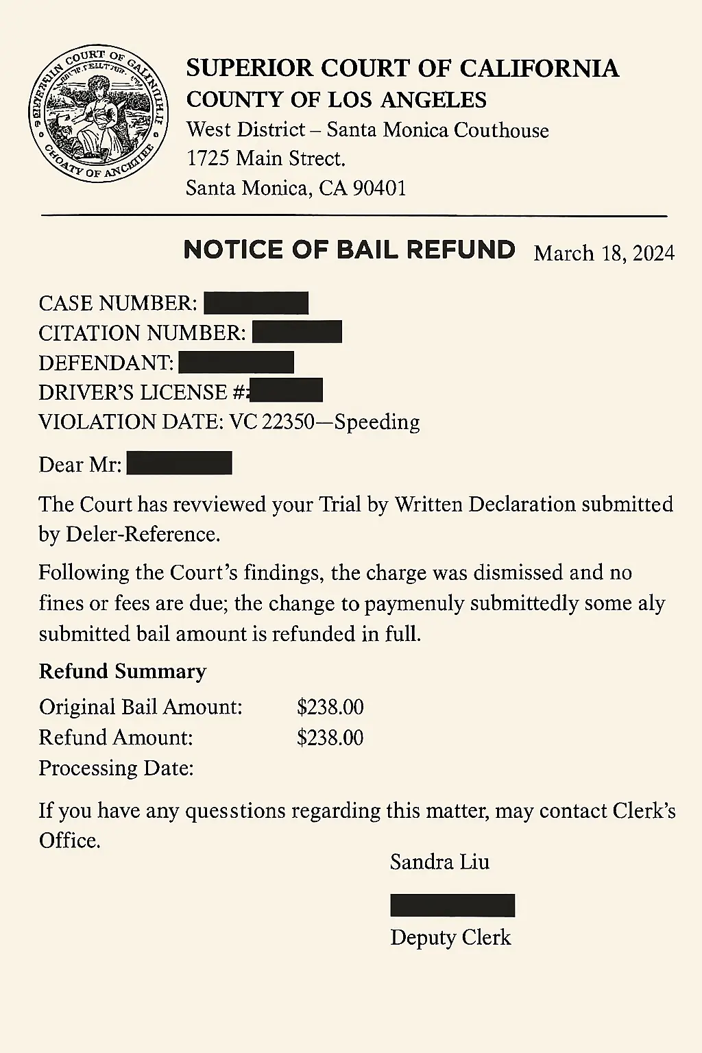 Dismissed speeding ticket - Los Angeles County