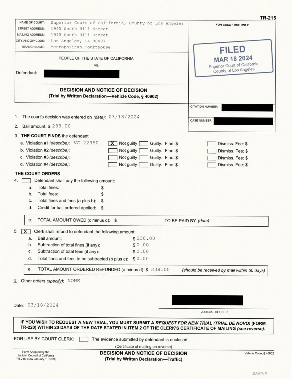 Sample TR-215 Decision and Notice of Decision showing a not-guilty finding, in the style of the Los Angeles Superior Court Metropolitan Courthouse