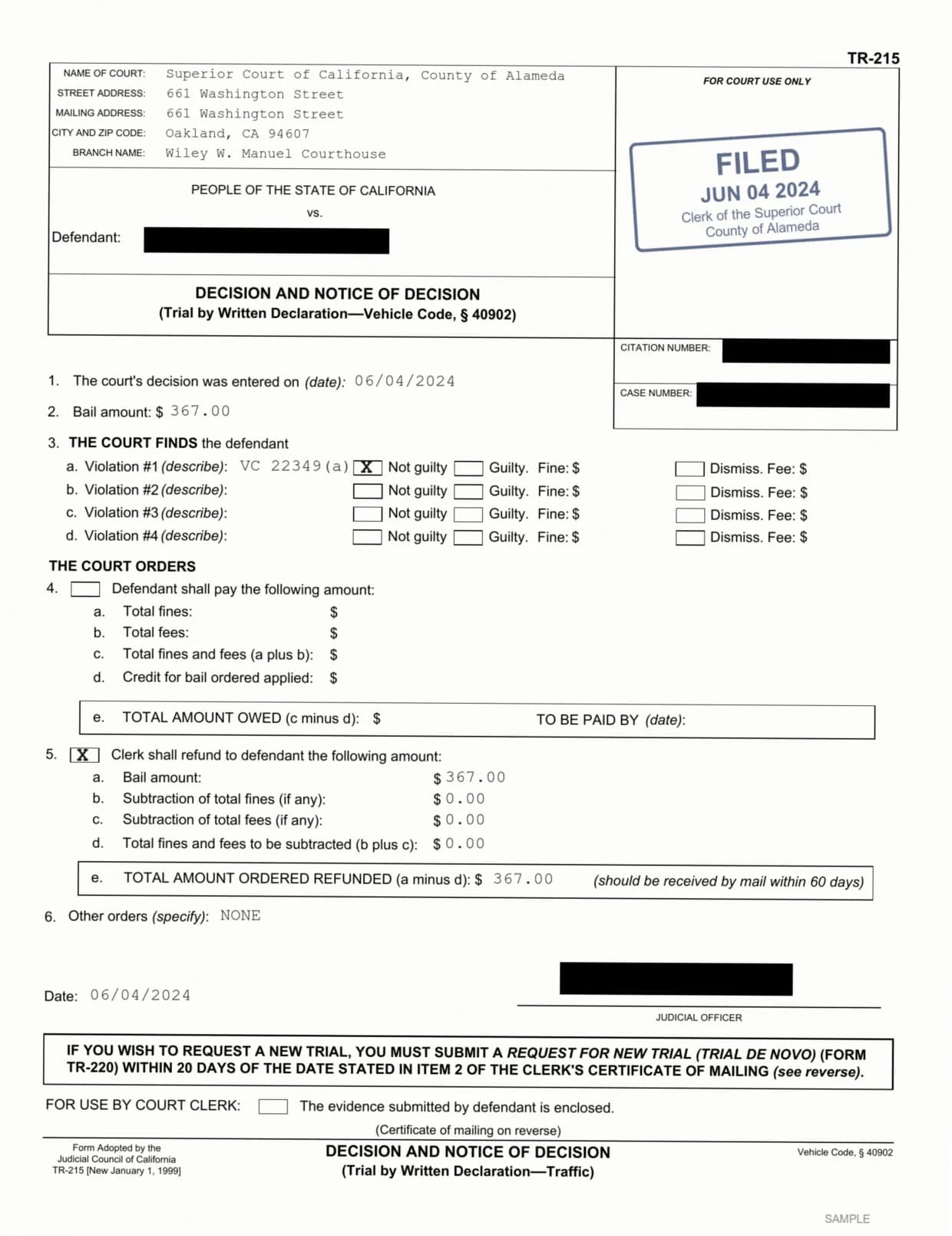 Sample TR-215 Decision and Notice of Decision showing a not-guilty finding, in the style of the Alameda County Superior Court Wiley W. Manuel Courthouse