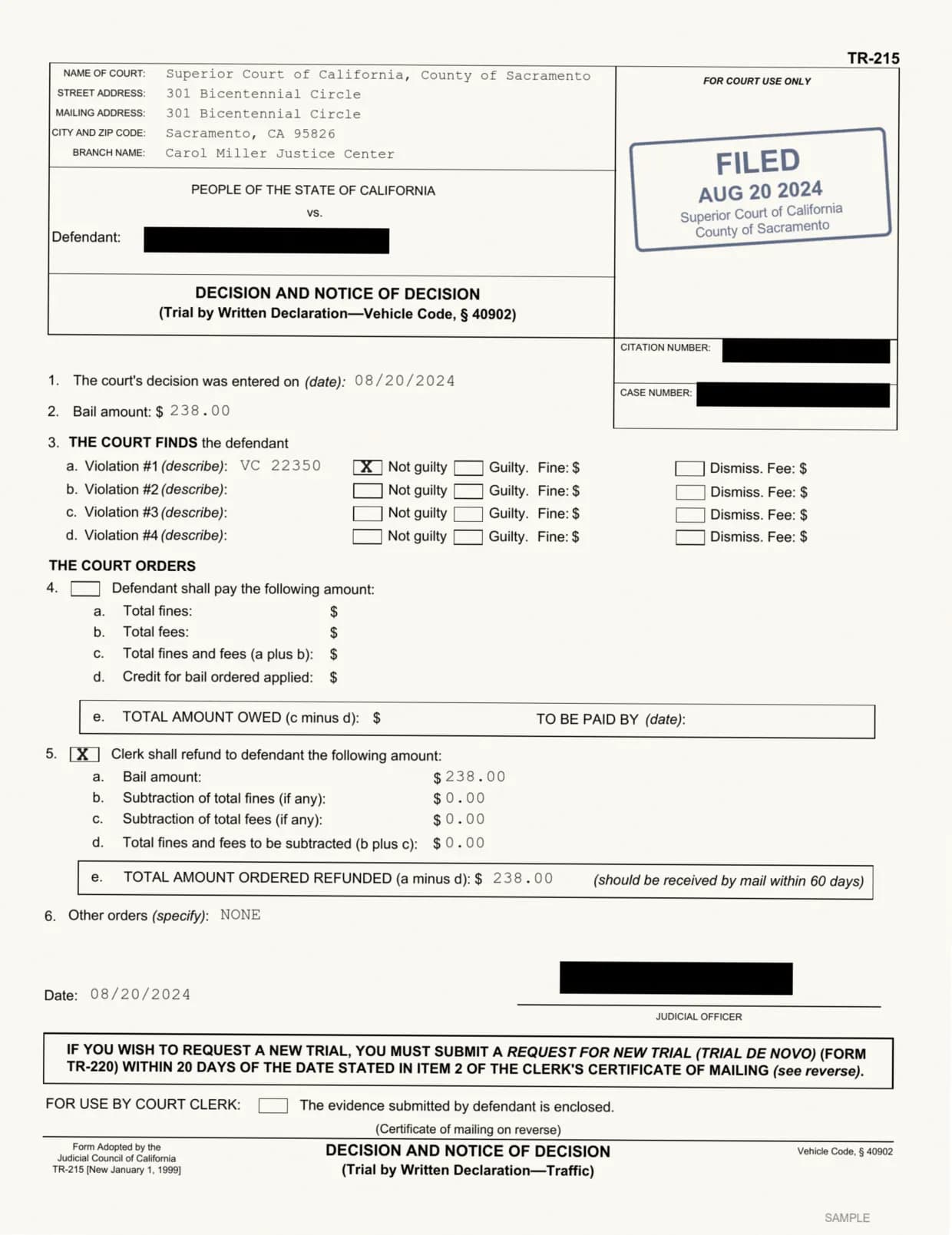 Sample TR-215 Decision and Notice of Decision showing a not-guilty finding, in the style of the Sacramento Superior Court Carol Miller Justice Center